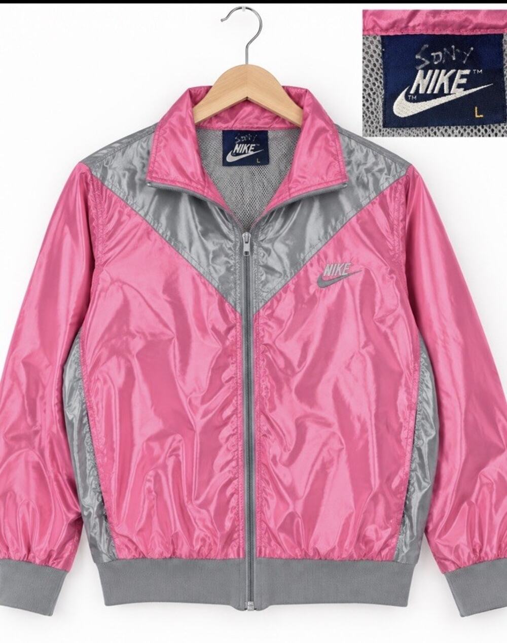 Vintage Nike Windbreaker Jacket Womens L Pink Gray Colorblock Full Zip 90s Style